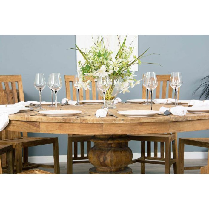 1.8m Reclaimed Teak Circular Pedestal Table with 8 Santos Dining Chairs  - 5
