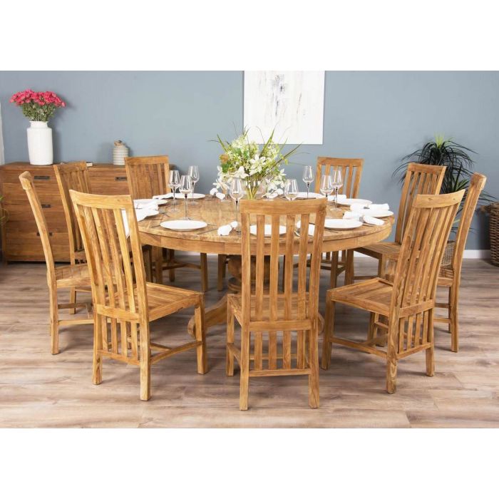 1.8m Reclaimed Teak Circular Pedestal Table with 8 Santos Dining Chairs  - 3