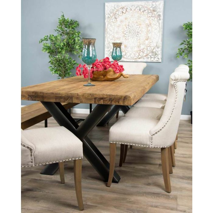 2.4m Reclaimed Teak Urban Fusion Cross Dining Table with One Backless Bench and 4 Natural Windsor Ring Back Dining Chairs - 7