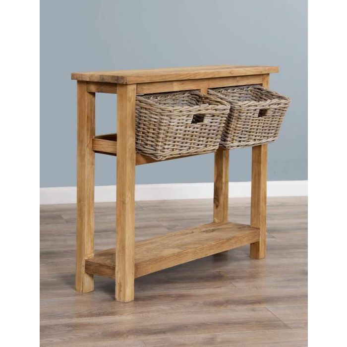 Reclaimed Teak 2 Drawer Hall Table with Shelf plus 2 Kubu Grey Natural Wicker Baskets - 1