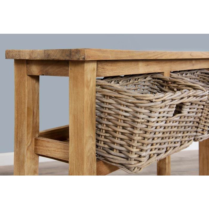 Reclaimed Teak 2 Drawer Hall Table with Shelf plus 2 Kubu Grey Natural Wicker Baskets - 3