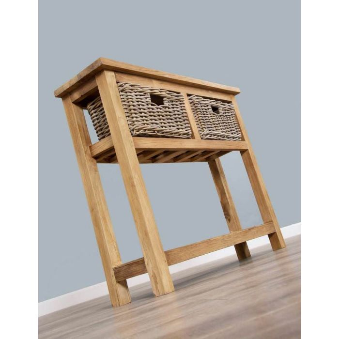 Reclaimed Teak 2 Drawer Hall Table with Shelf plus 2 Kubu Grey Natural Wicker Baskets - 2