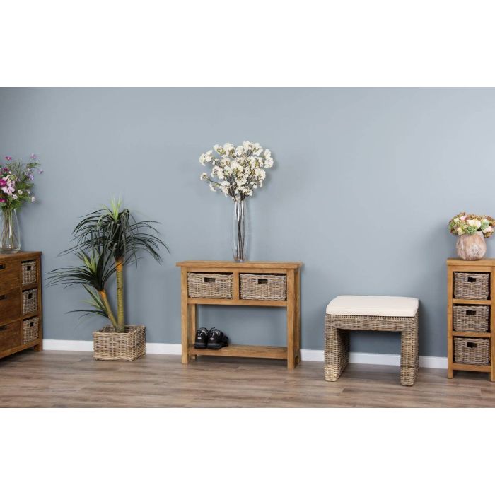 Reclaimed Teak 2 Drawer Hall Table with Shelf plus 2 Kubu Grey Natural Wicker Baskets - 4
