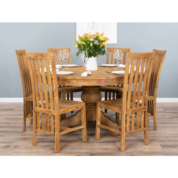 1.5m Reclaimed Teak Circular Pedestal Dining Table with 6 Santos Chairs - 3