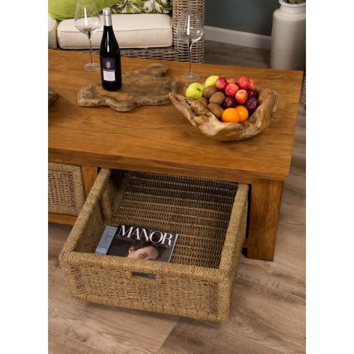 Reclaimed Teak Coffee Table with Seagrass Drawers - 1