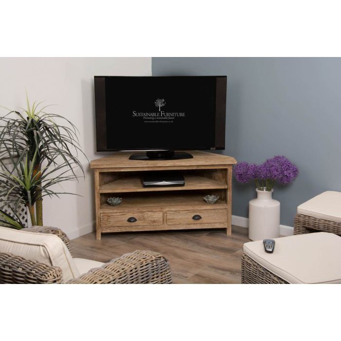 Reclaimed Teak White Wash Corner TV Cabinet - 5