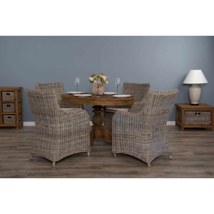 1.2m Reclaimed Teak Oval Pedestal Dining Table with 4 Donna Armchairs  - 1