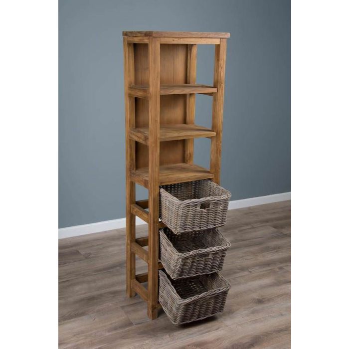 Reclaimed Teak Storage Unit with 3 Shelves plus 3 Natural Wicker Basket - 3