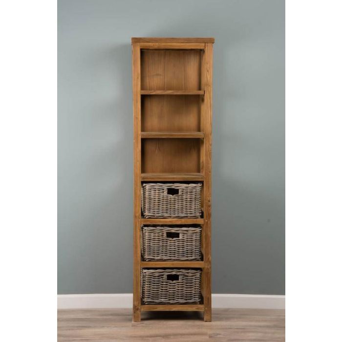 Reclaimed Teak Storage Unit with 3 Shelves plus 3 Natural Wicker Basket - 0