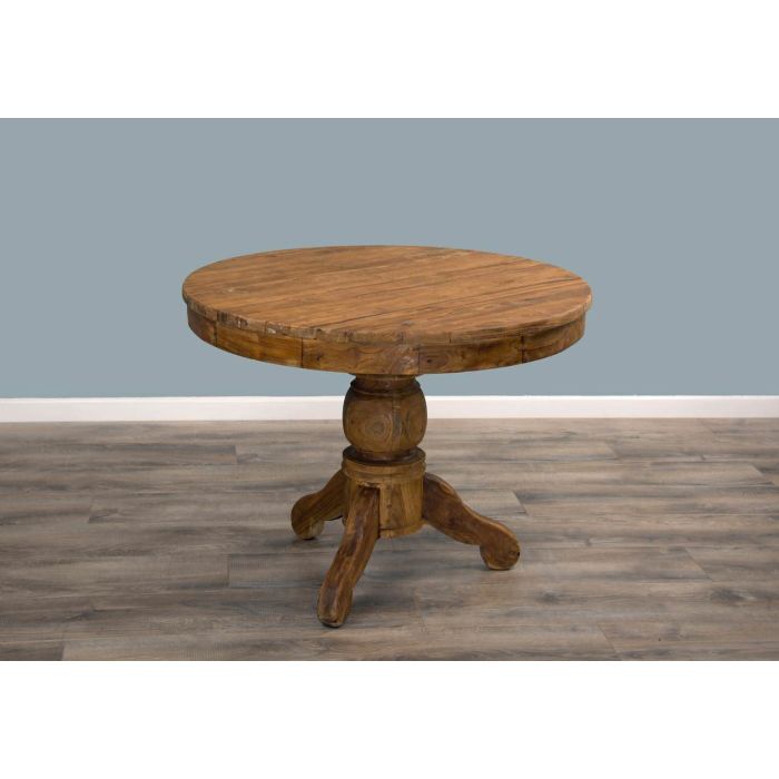 1m Reclaimed Teak Circular Pedestal Dining Table with 2 Riva Tub Dining Chairs  - 2
