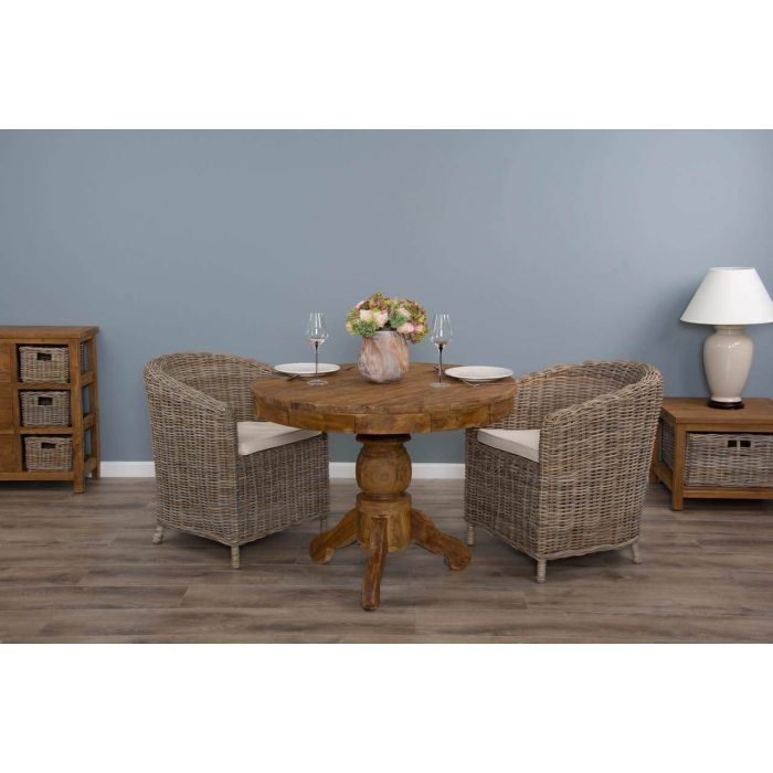 1m Reclaimed Teak Circular Pedestal Dining Table with 2 Riva Tub Dining Chairs  - 1