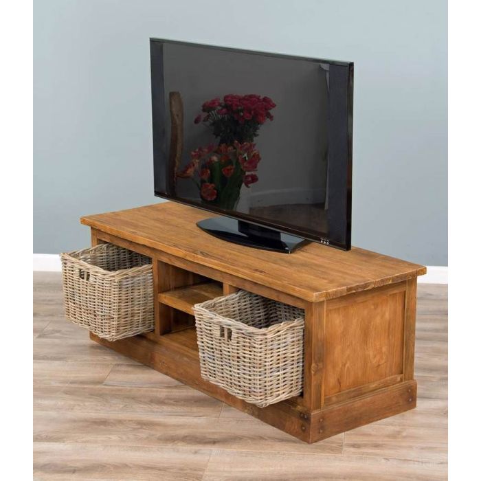 Reclaimed Teak TV Cabinet with Kubu Wicker Draws - 1