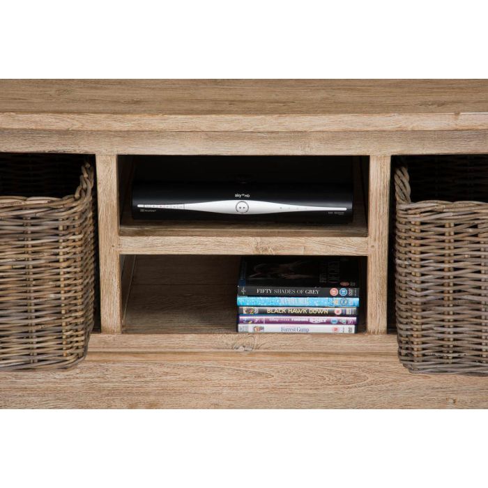 Reclaimed Teak TV Cabinet with Kubu Wicker Draws - White Wash - 3
