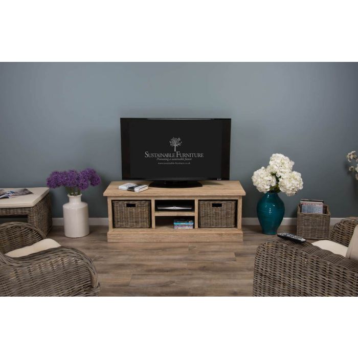 Reclaimed Teak TV Cabinet with Kubu Wicker Draws - White Wash - 5
