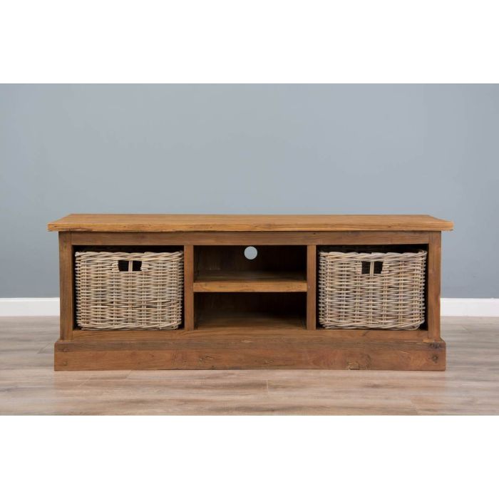 Reclaimed Teak TV Cabinet with Kubu Wicker Draws - 7