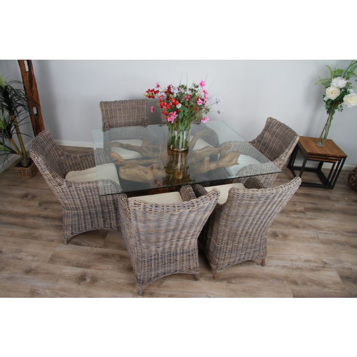 1.5m x 1.2m Reclaimed Teak Root Rectangular Dining Table with 4 Donna Armchairs - 3