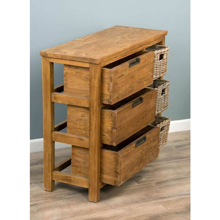 Reclaimed Teak 3 Drawer 3 Basket Storage Unit - 90cm - 3