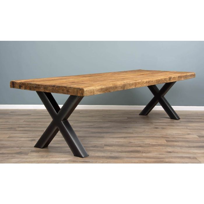 3m Reclaimed Teak Urban Fusion Cross Dining Table with One Backless Bench and 5 Velveteen Ring Back Dining Chairs - 16