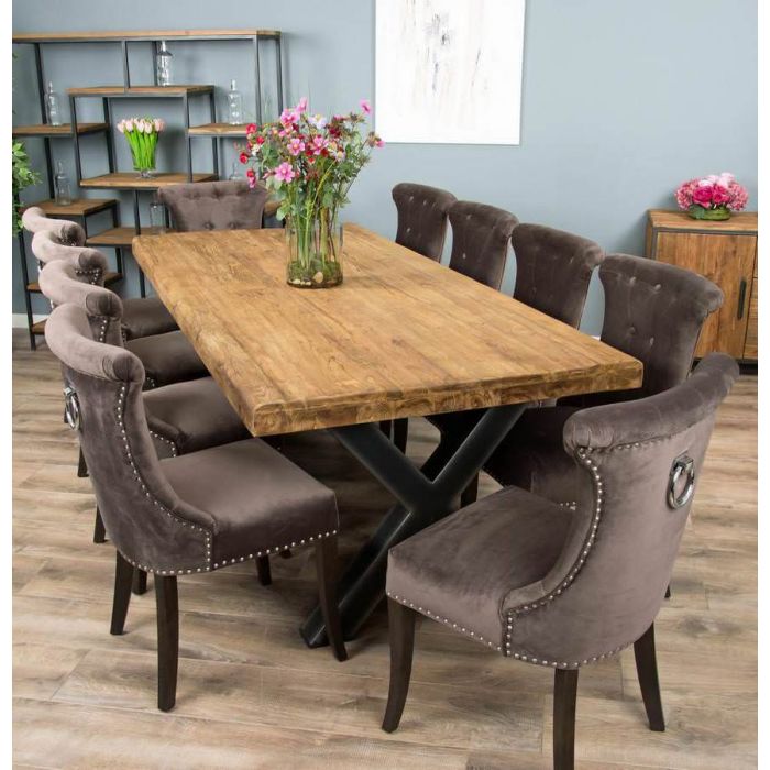 2.4m Reclaimed Teak Urban Fusion Cross Dining Table with 8 Velveteen Ring Back Dining Chairs  - 9