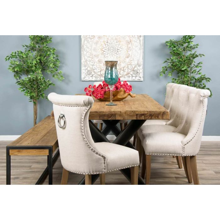 2.4m Reclaimed Teak Urban Fusion Cross Dining Table with One Backless Bench and 4 Natural Windsor Ring Back Dining Chairs - 8